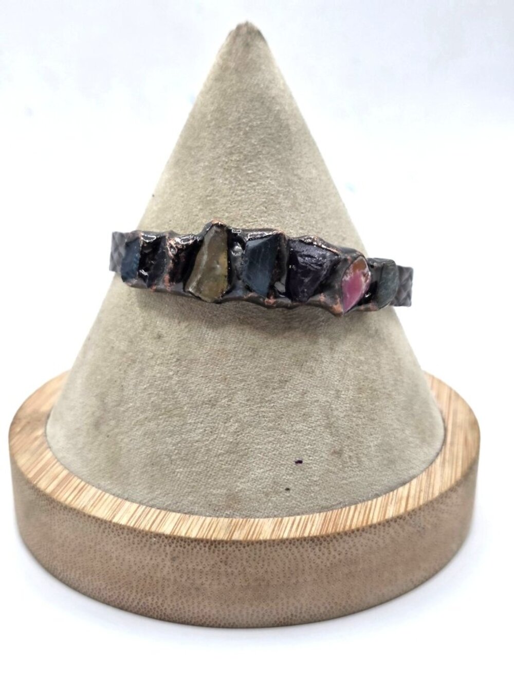 Raw Crystal Copper Cuff Bracelet With Woven Texture & Multicolor Stones